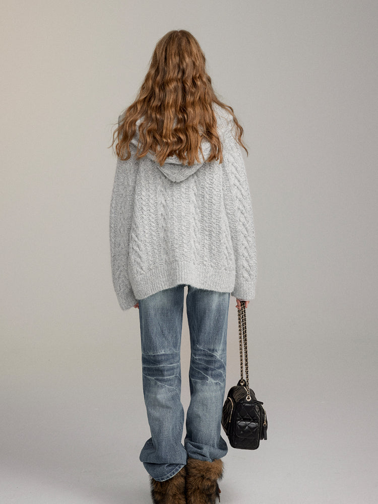 Two-Piece Chunky Knit High-Neck Cardigan - CHINASQUAD