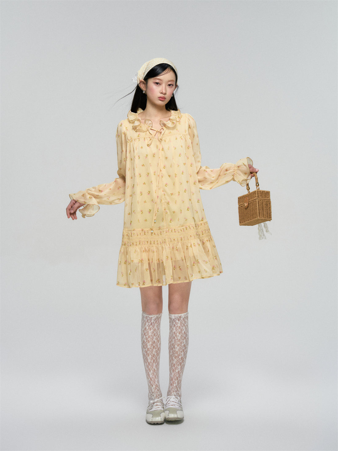 Ruffled Floral Long Sleeve Dress - CHINASQUAD