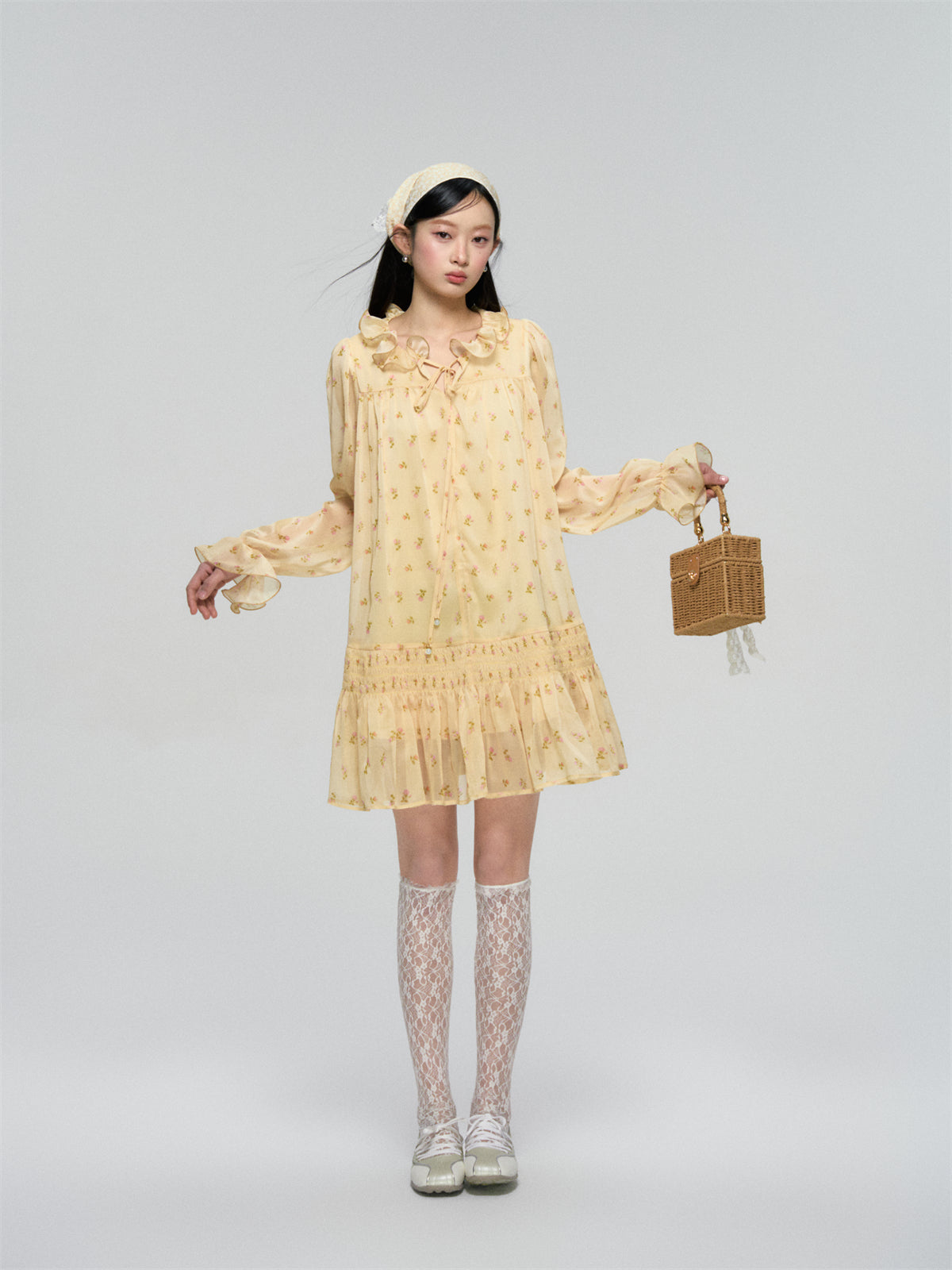 Ruffled Floral Long Sleeve Dress - CHINASQUAD