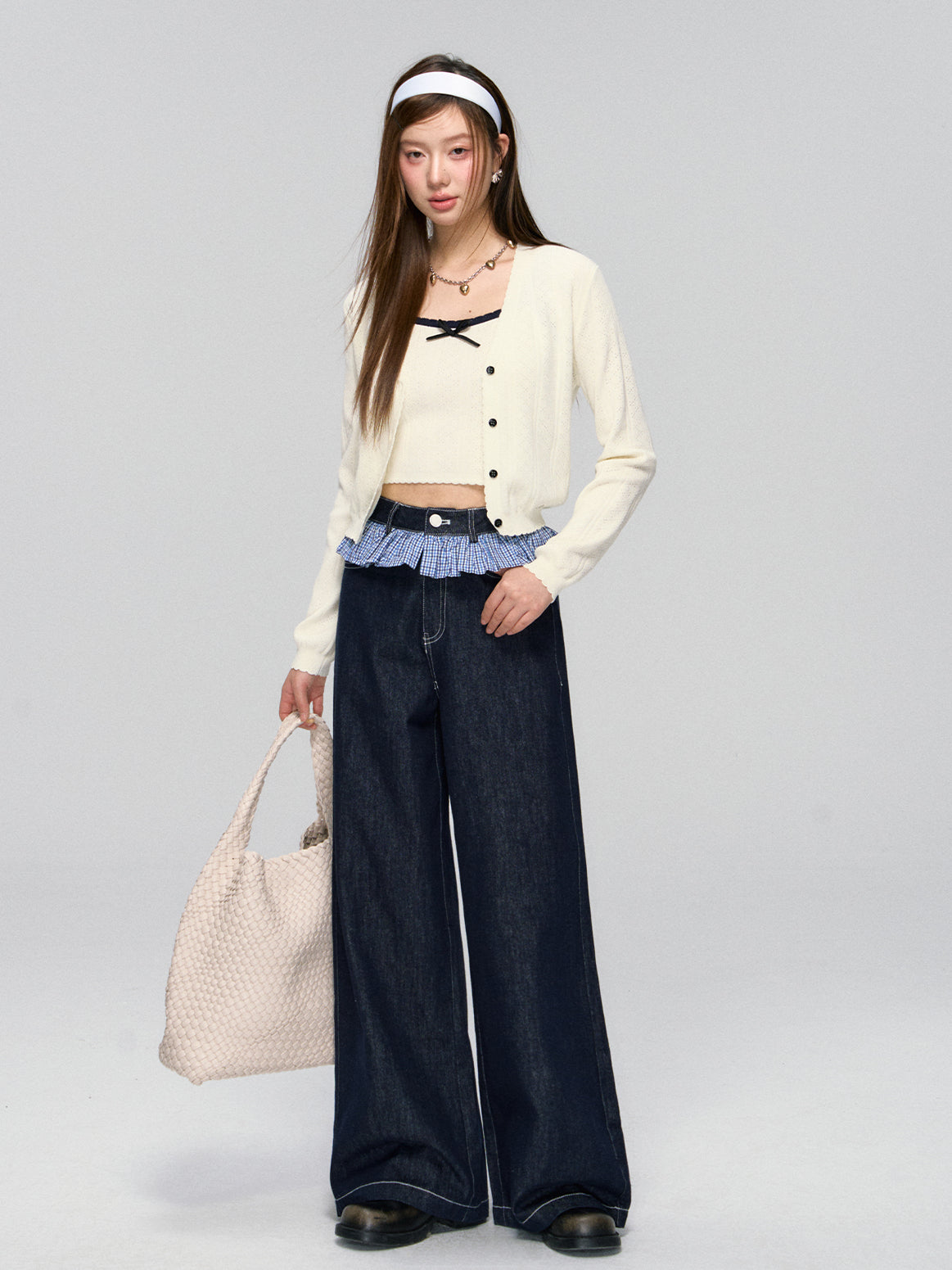 Ruffled Plaid Patchwork Straight Jeans - CHINASQUAD