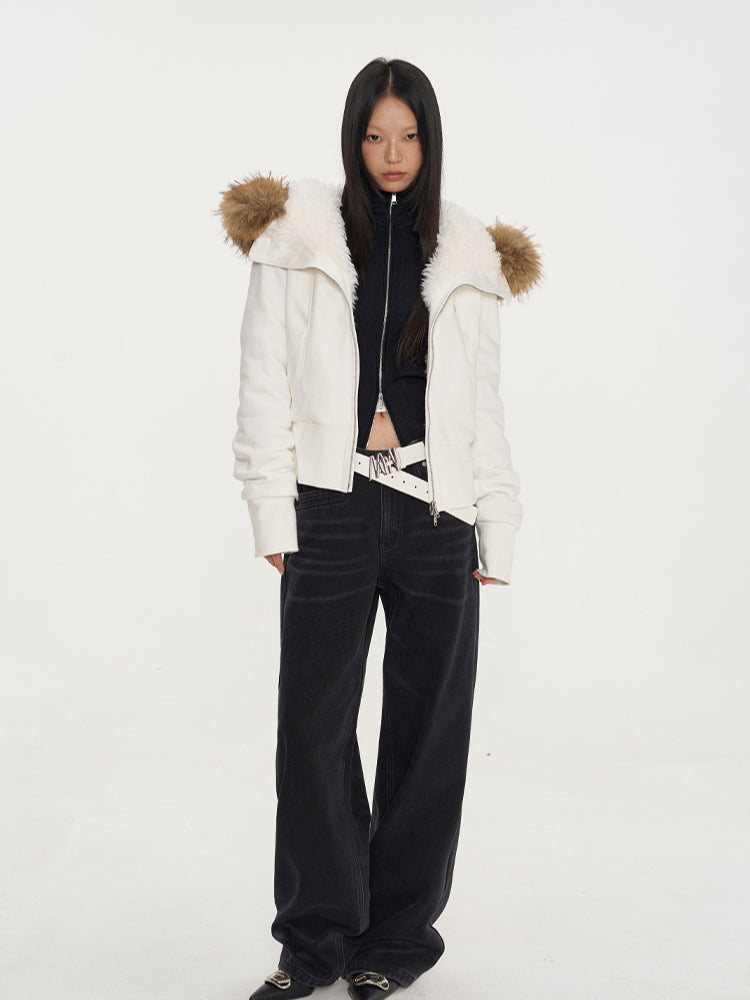 Fur Collar Fleece-Lined Short Coat - CHINASQUAD