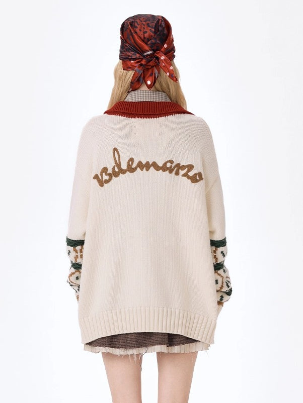 Window-View Pattern Retro Knit Cardigan
