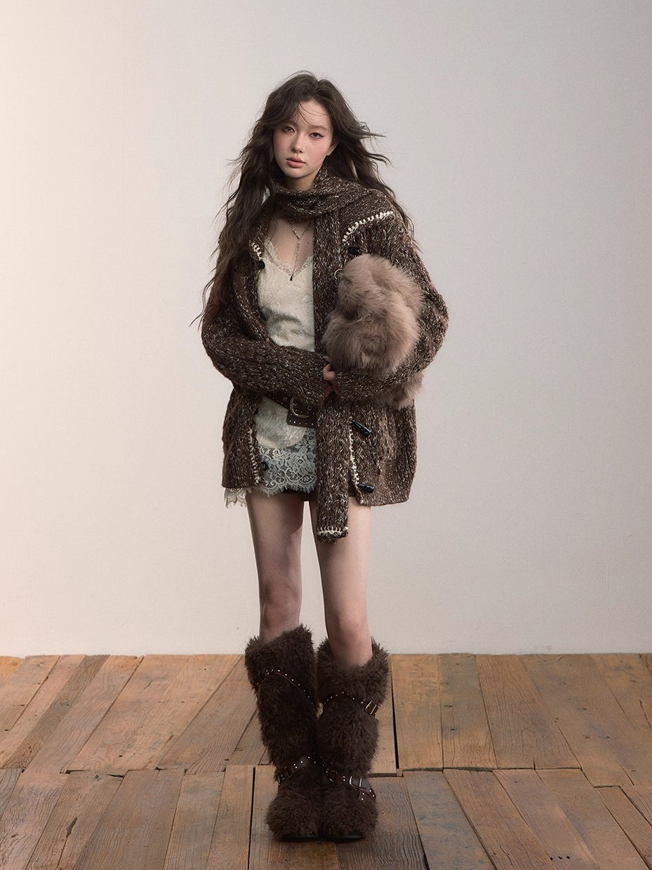 Heavy-Knit Toggle Wool-Blend Cardigan with Matching Scarf - CHINASQUAD