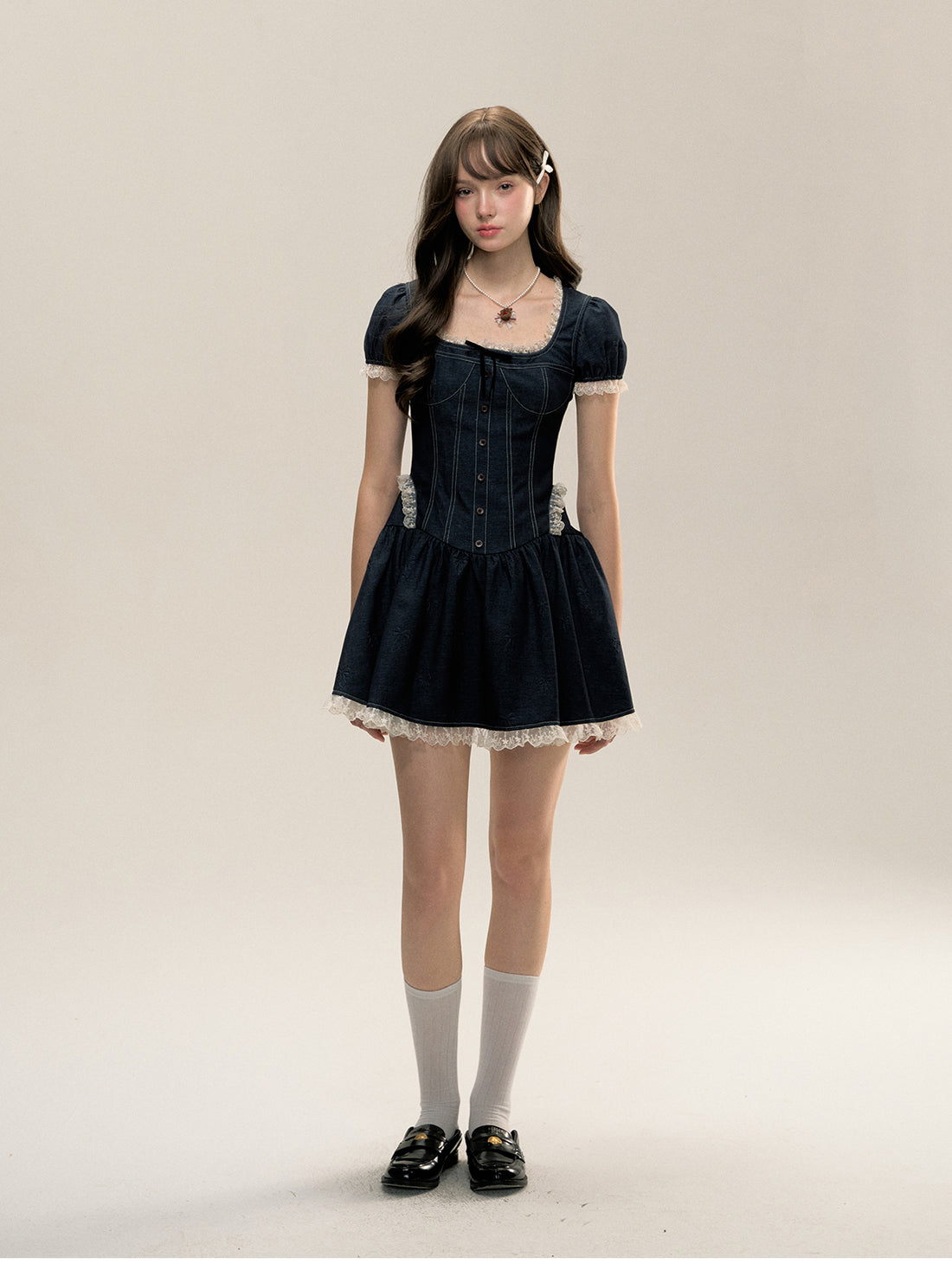 Square Neckline Short-sleeve Denim Dress - CHINASQUAD