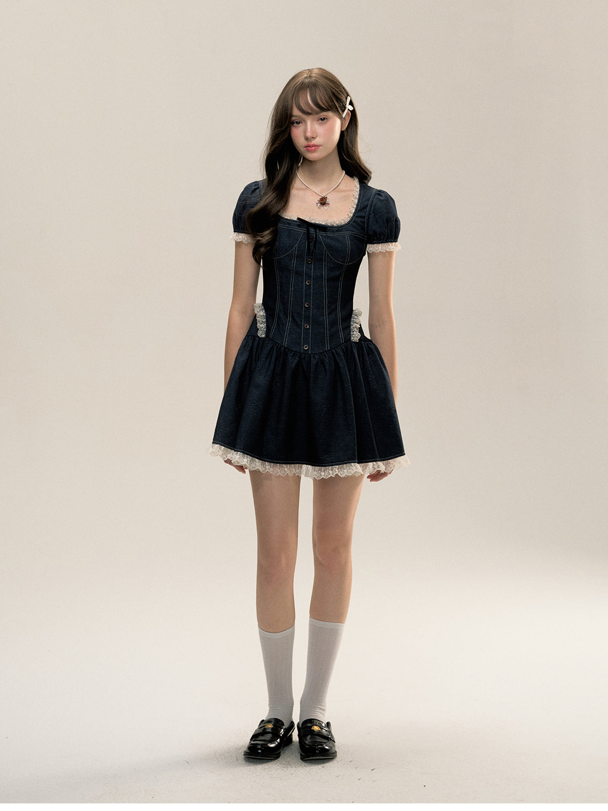 Square Neckline Short-sleeve Denim Dress - CHINASQUAD