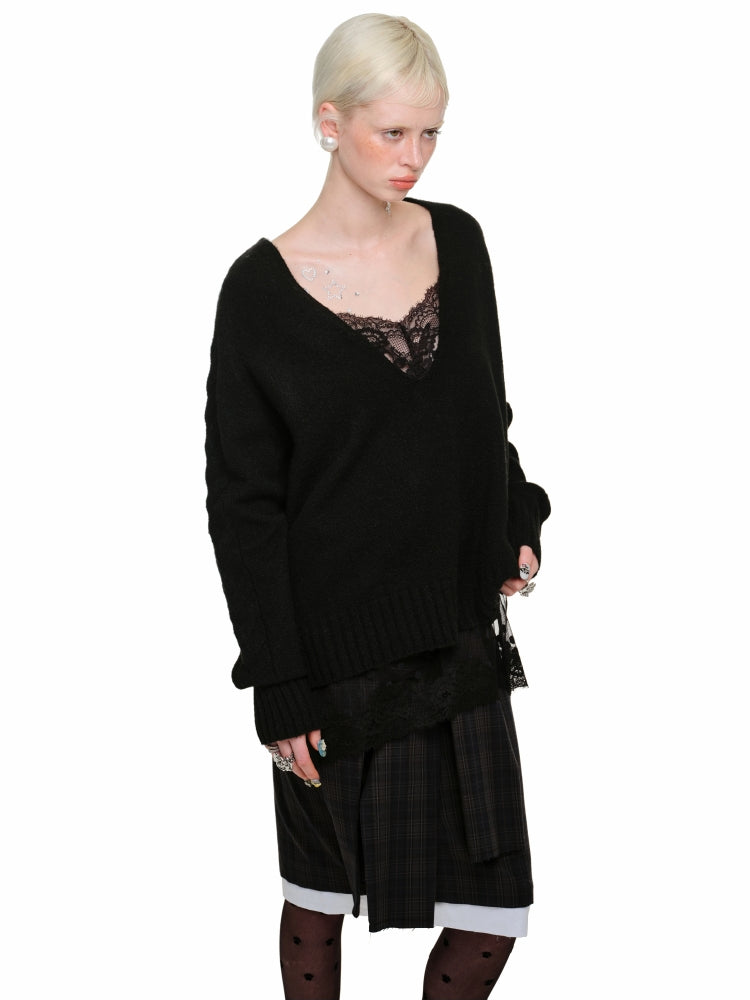 Suede V-neck Loose Sweater - CHINASQUAD