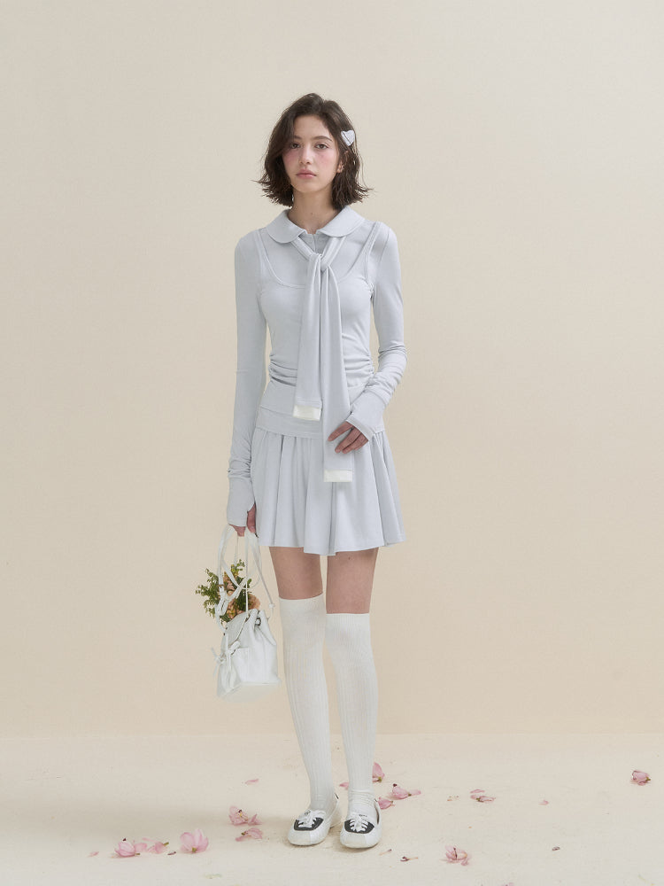 White & Blue Collared Knit Top & Skirt Set - CHINASQUAD