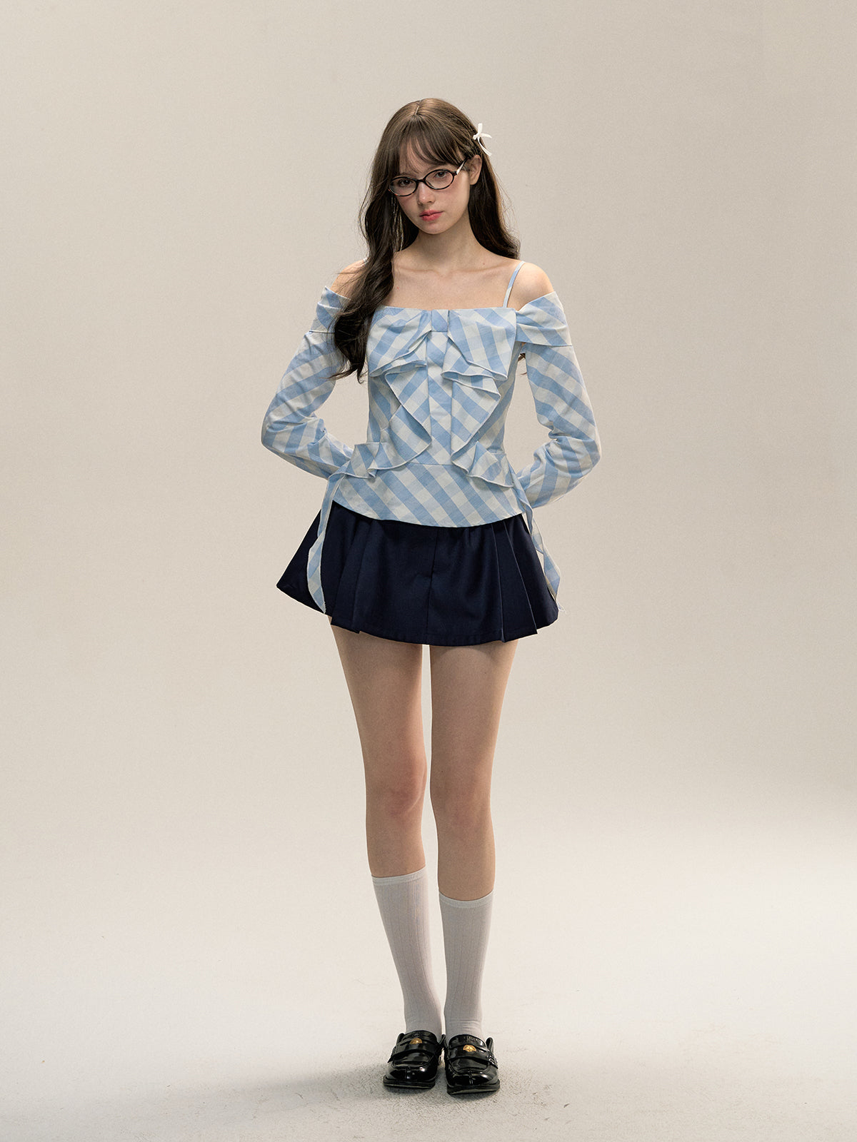 Blue Checkered Detachable Sleeve Off-shoulder Shirt - CHINASQUAD