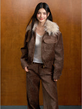 Vintage Brown Suede Jacket with Removable Fur Collar - CHINASQUAD