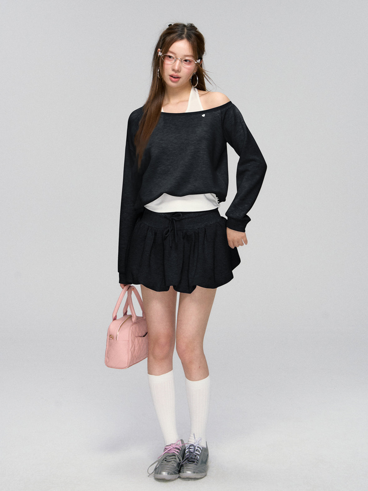 Gray Sporty Slanted Sweatshirt & Skirt Set - CHINASQUAD