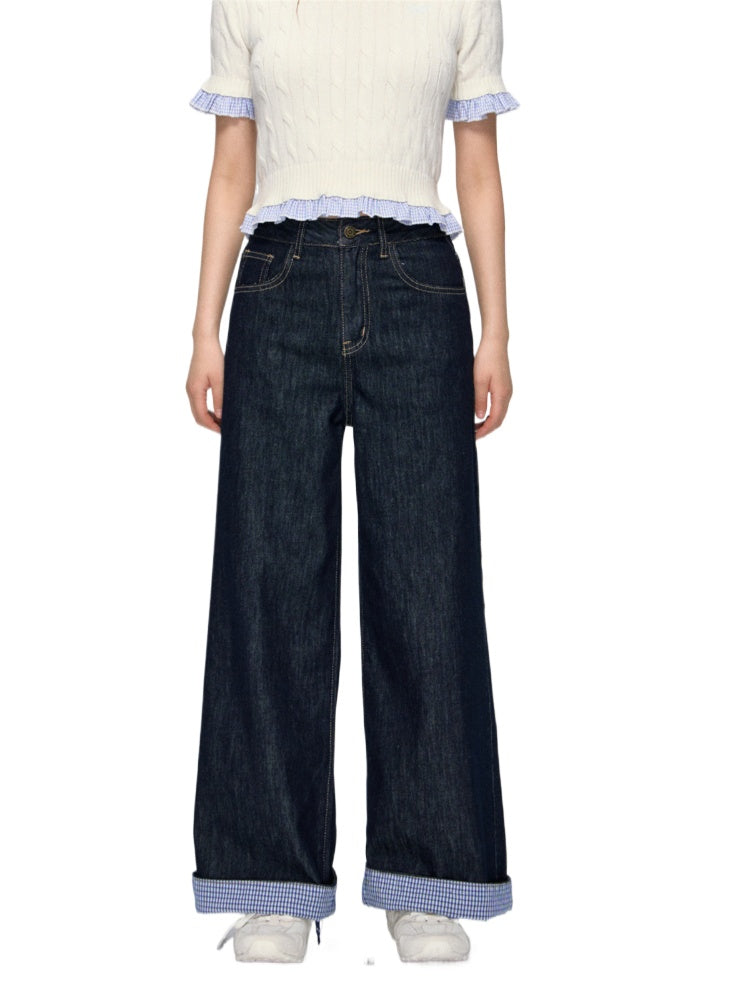 Color-block Plaid Patchwork Straight-leg Jeans - CHINASQUAD