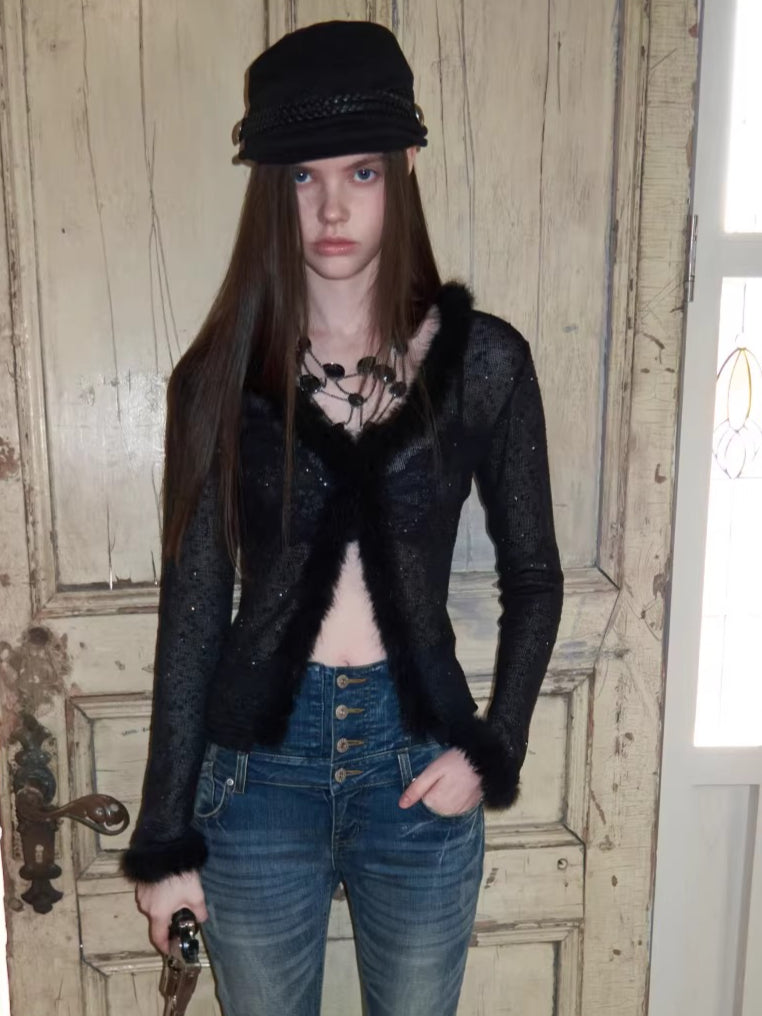 Sequin Knit Patchwork V-Neck Cardigan