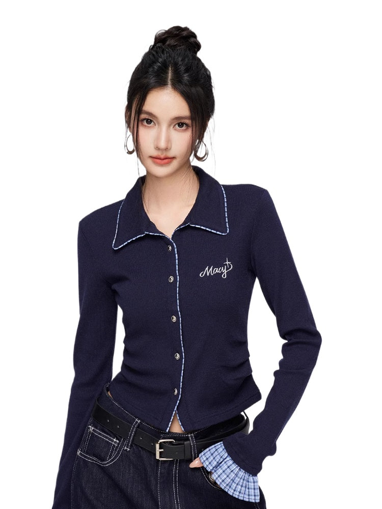 Plaid Splicing Knit Blouse - CHINASQUAD