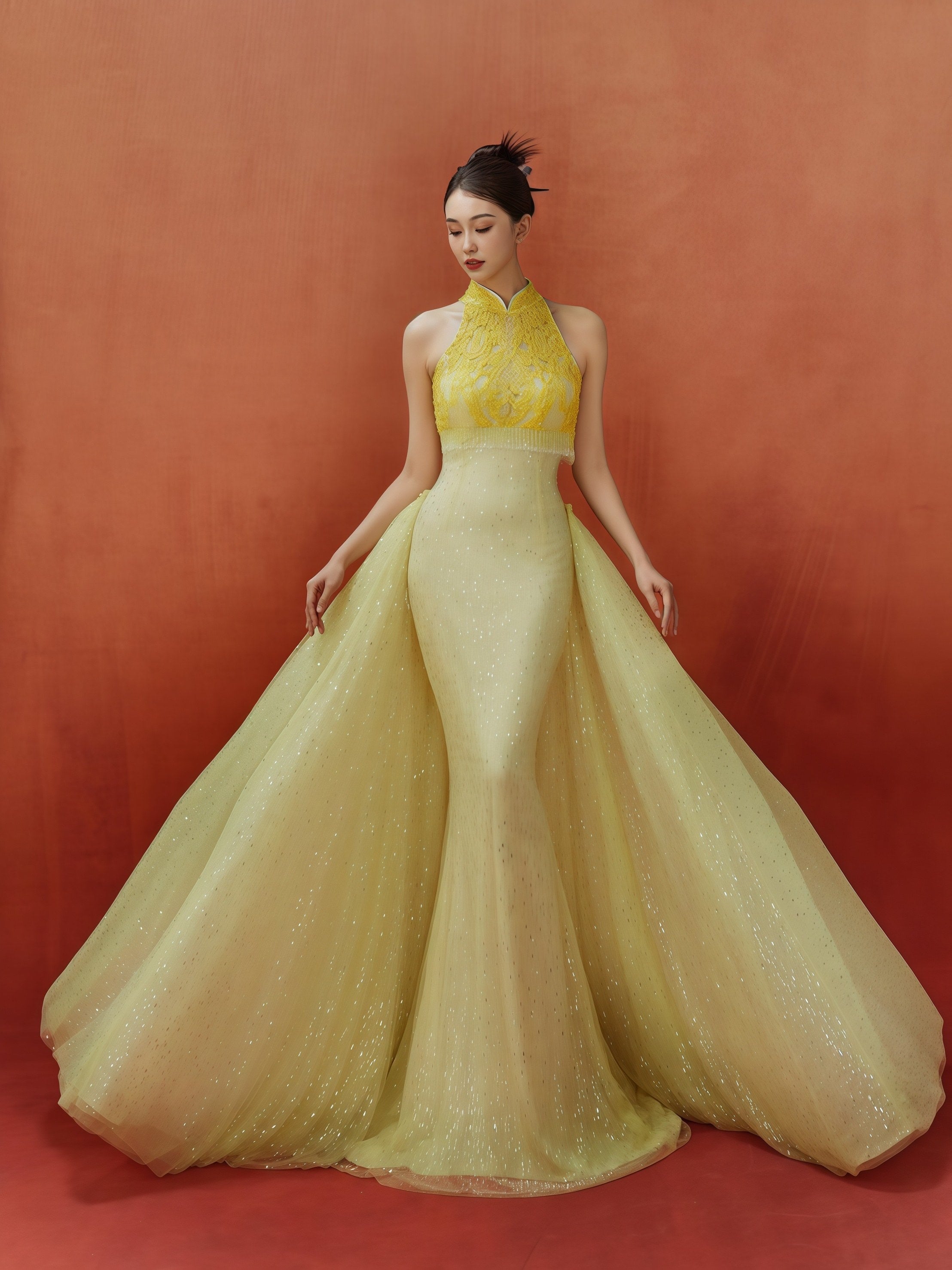 Golden Embroidered Halter Neck Gown with Detachable Train