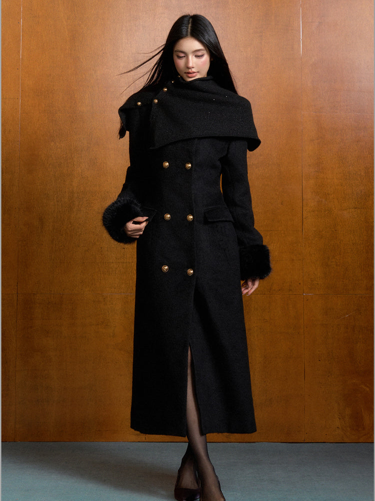 Detachable Fur Waist-Fitted Wool Coat & Scarf Set - CHINASQUAD