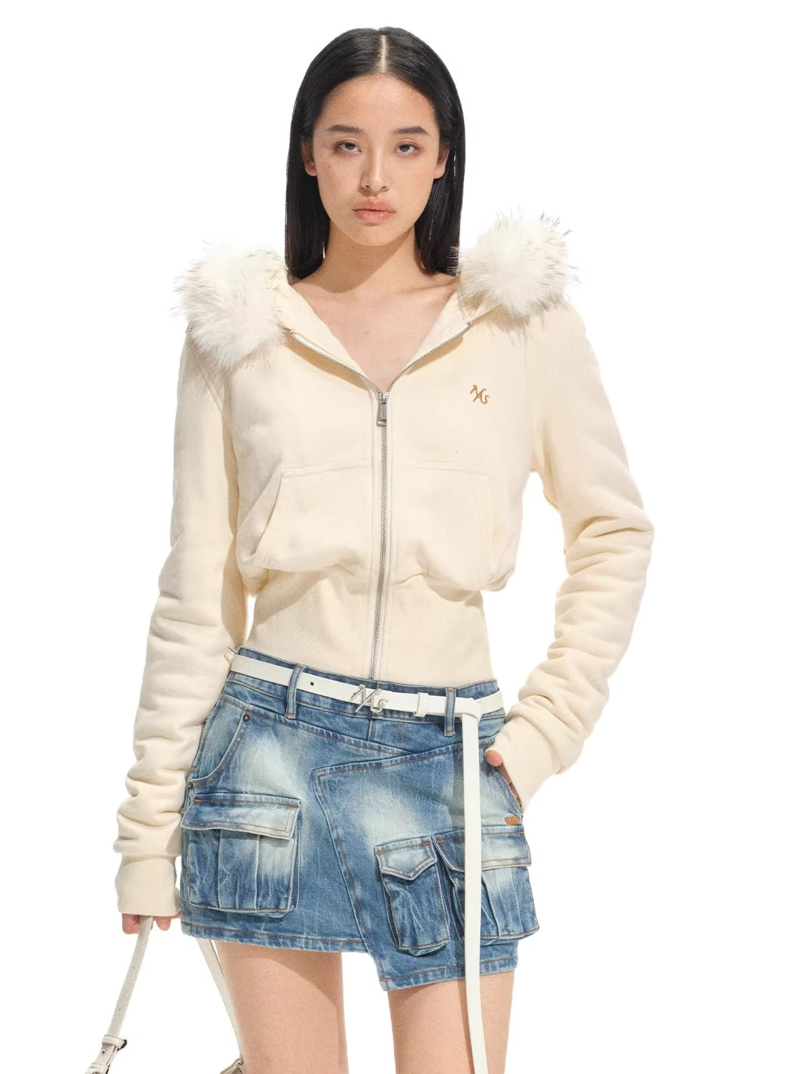 Detachable Faux Fur Collar Hooded Fitted Jacket