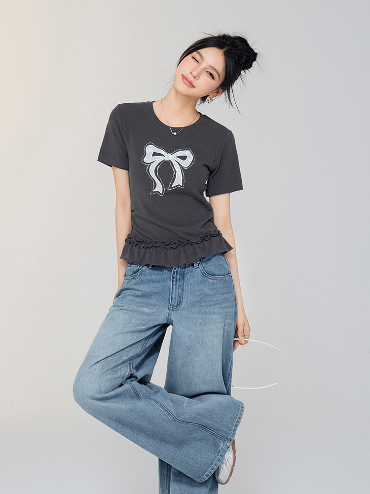 Ballet-style Bow-adorned Short sleeve Top - CHINASQUAD