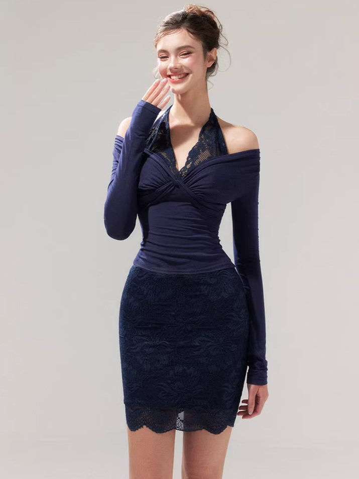 Lace Layered Knit Top & Bodycon Mini Skirt Set