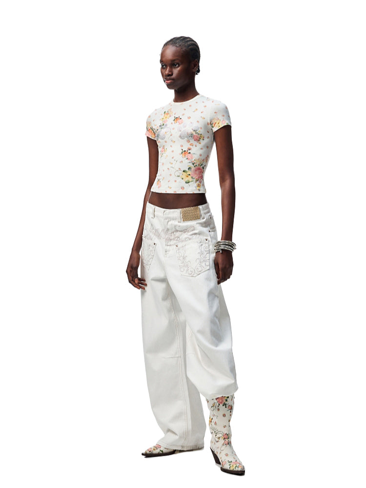 Floral Print Rhinestones Regular-shoulder T-shirt - CHINASQUAD