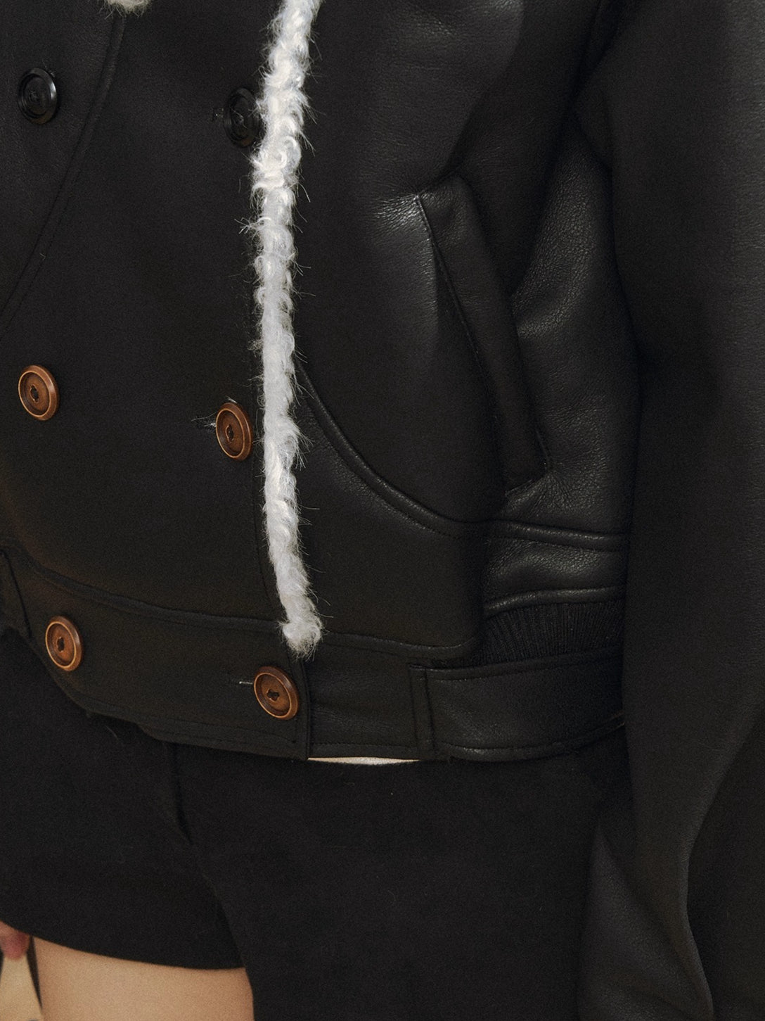 Black Faux Shearling Double-Breasted Leather Jacket