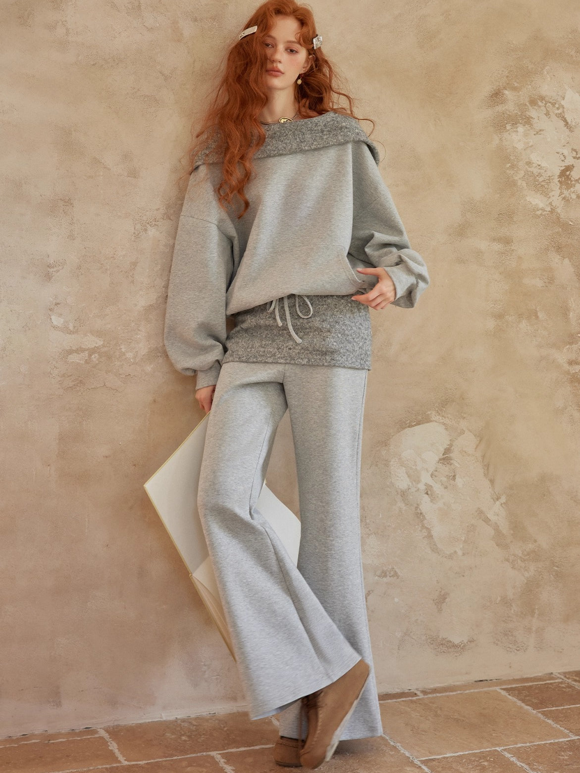Grey Off-Shoulder Sweatshirt & Flared Pants Two-Piece Set