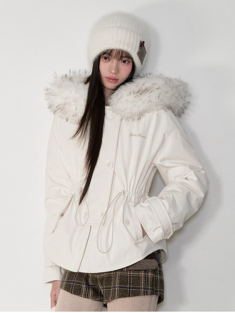 Faux Fur Collar Double-Breasted Down Parka Jacket - CHINASQUAD