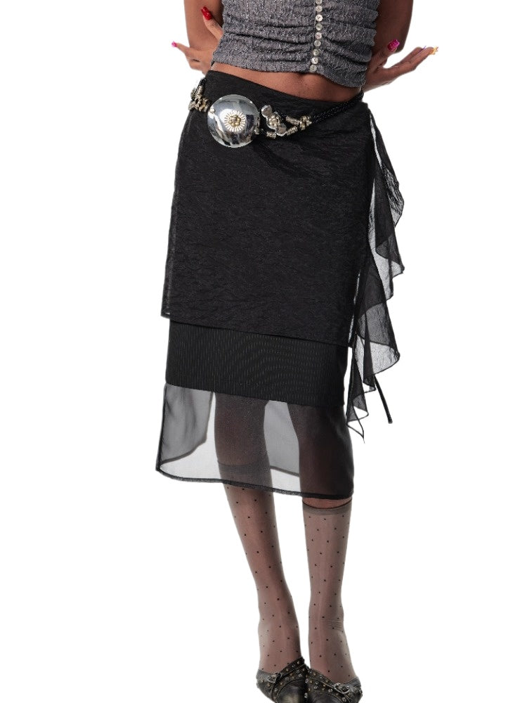 Layered Mesh Tie-Up Midi Skirt - CHINASQUAD