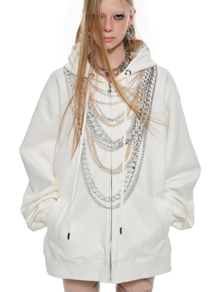 Black & White Oversized Chain Print Hoodie Cardigan - CHINASQUAD