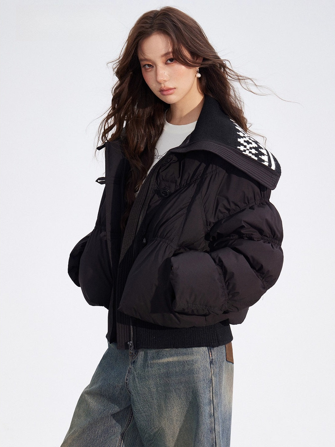 Contrast Panel Sailor Collar Down Jacket