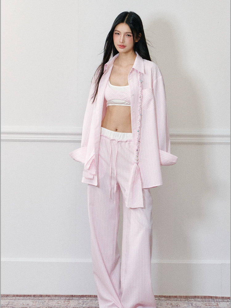 Pink Oversized Striped Shirt - CHINASQUAD
