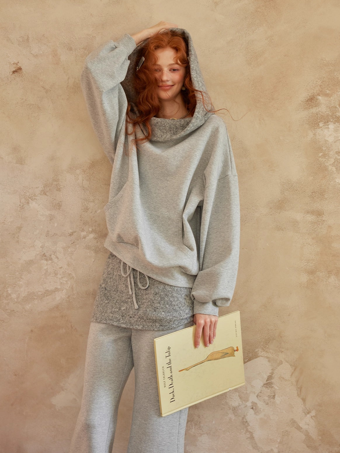 Grey Off-Shoulder Sweatshirt & Flared Pants Two-Piece Set