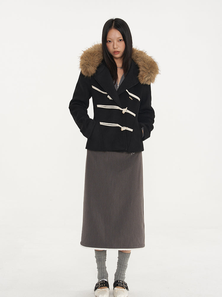 Black & Oatmeal Wool Toggle Coat - CHINASQUAD