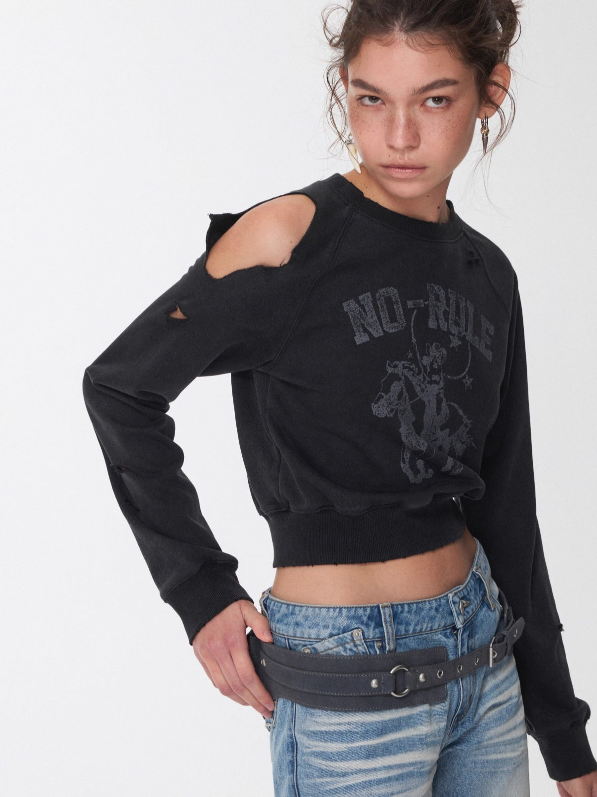 Knight Cat Print Distressed Washed Sweatshirt - CHINASQUAD