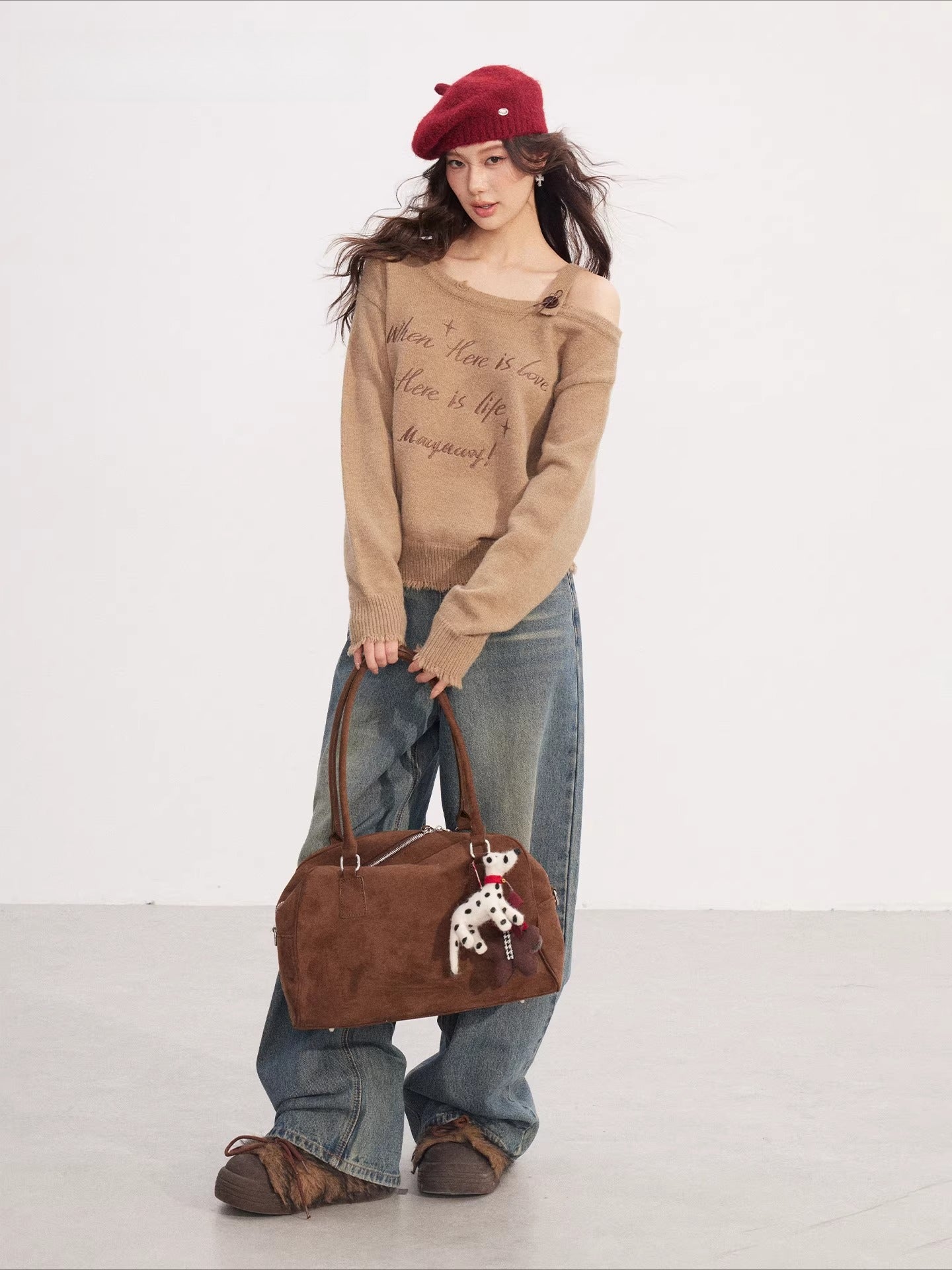 Deconstructed Off-Shoulder Embroidered Knit Sweater