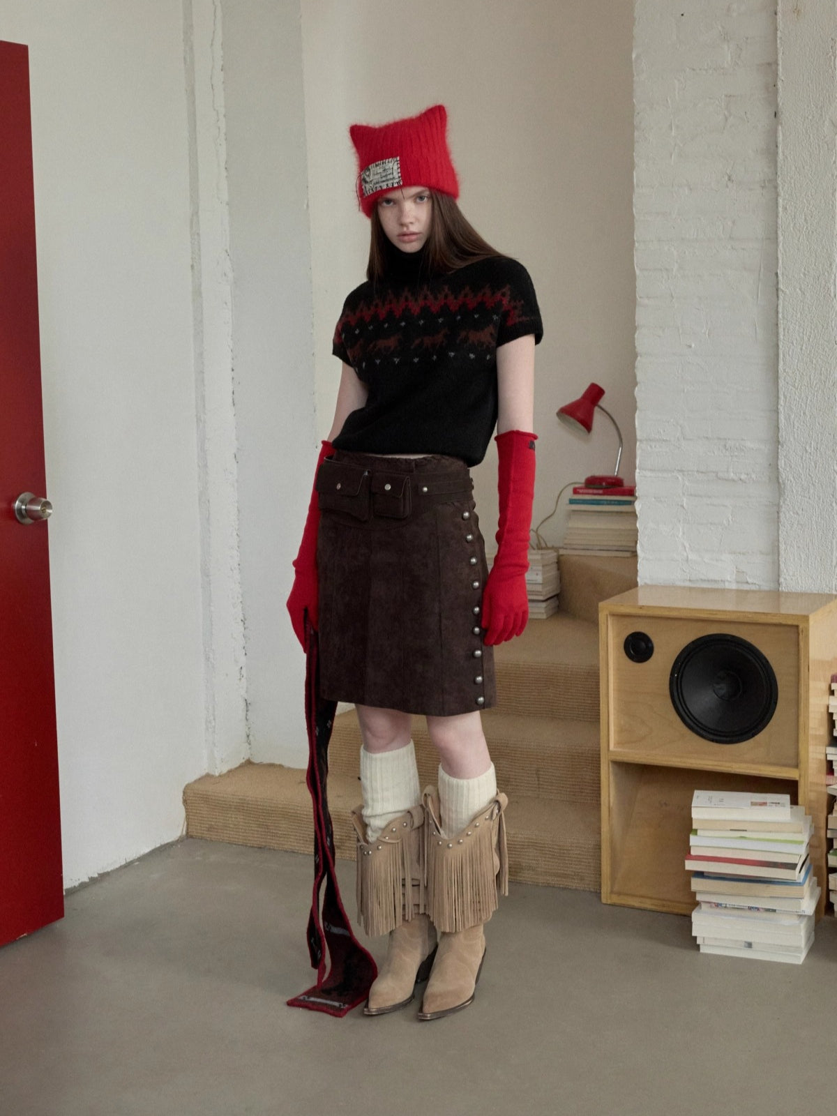 Pointed-Toe Studded Tassel Martin Boots