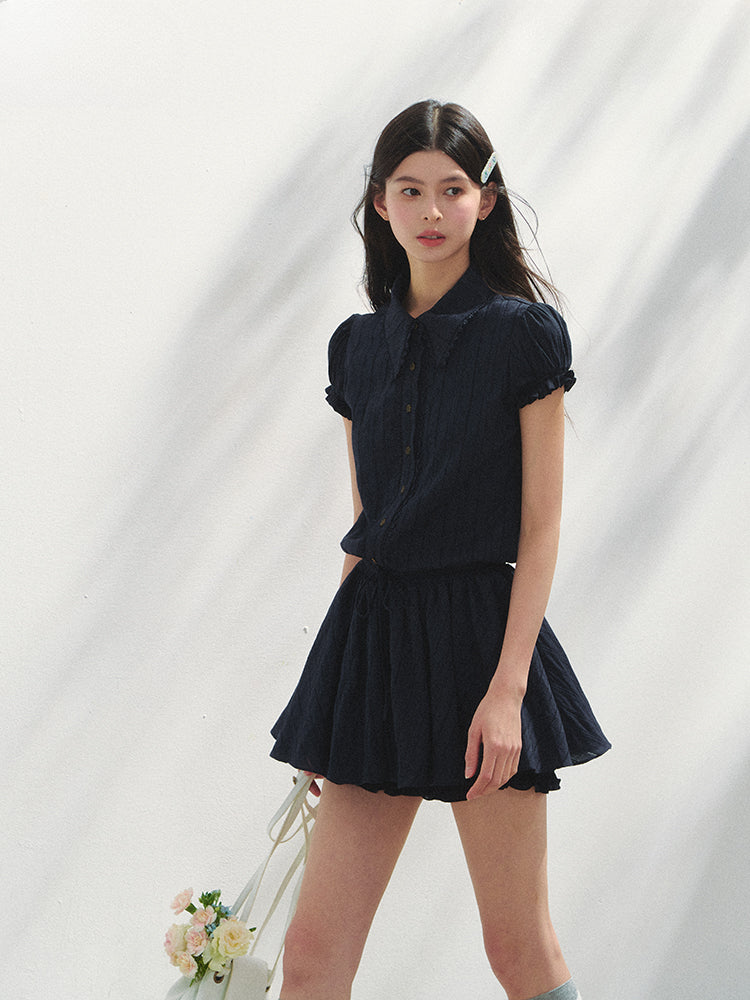 Navy Blue Waist-cinching Dress - CHINASQUAD