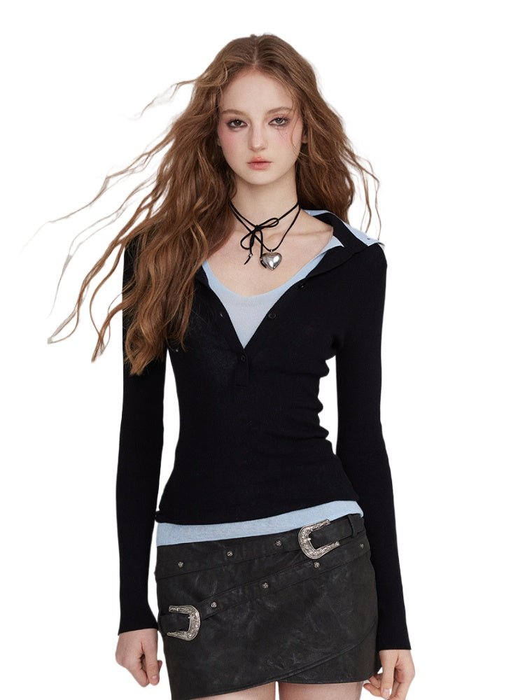 Brown & Black Mock Two-Piece V-Neck Sweater - CHINASQUAD