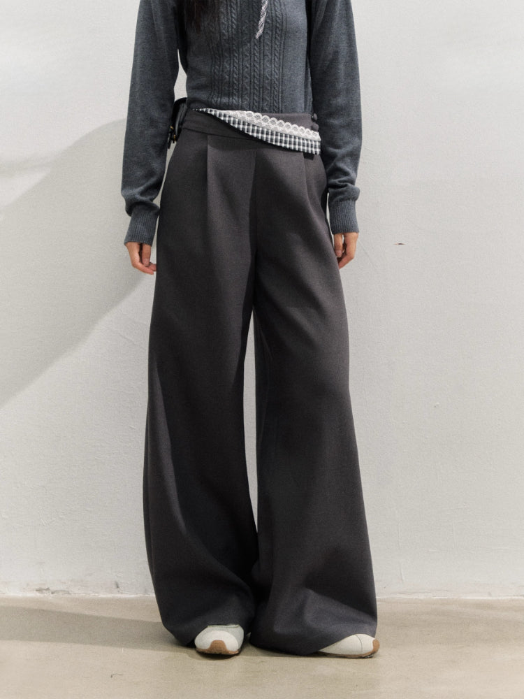 Plaid Panel Fold-Over Waist Straight Pants