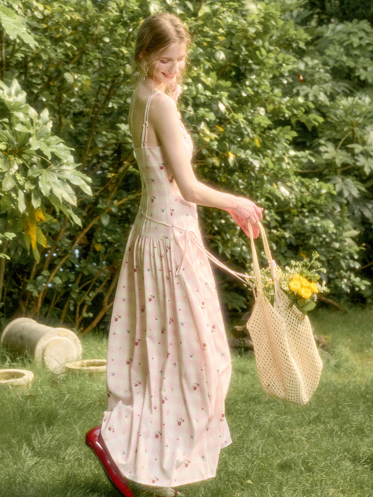 Pink Check Hand-Painted Print Dress - CHINASQUAD