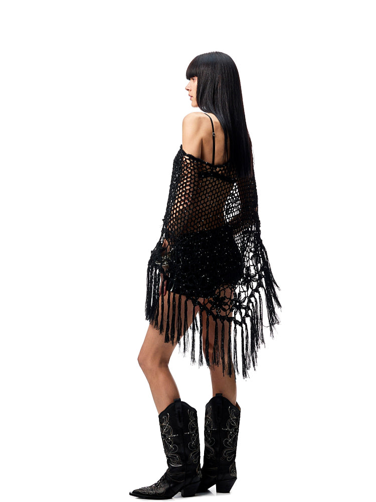 Hollow Out One-Piece Fringed Knit Shrug - CHINASQUAD