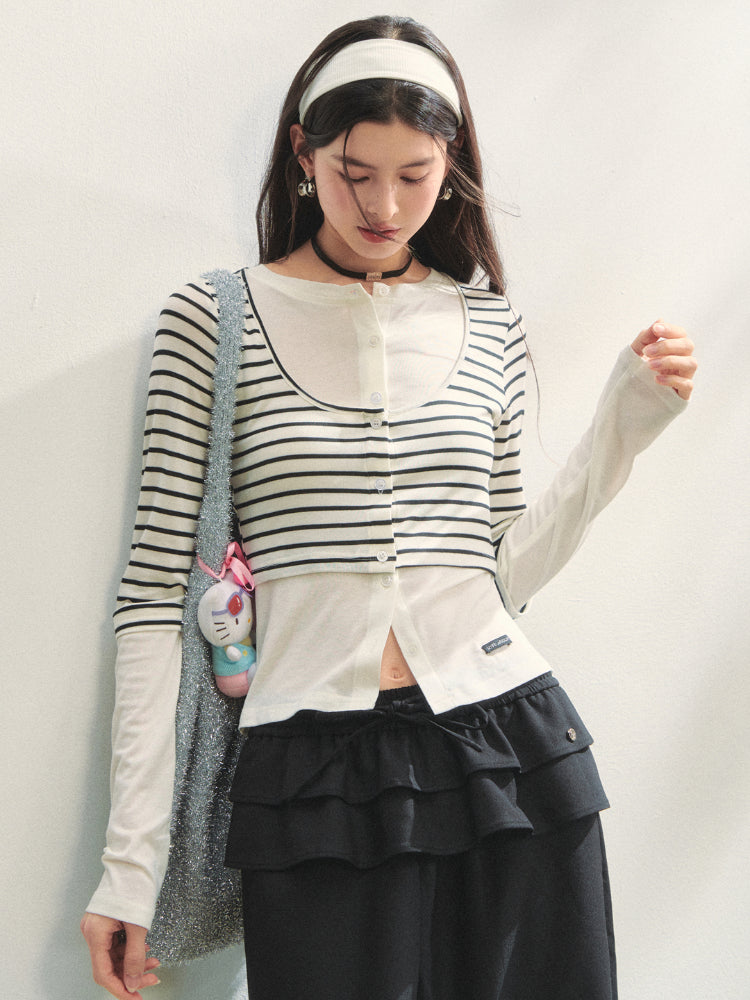 Striped Two-piece Contrast Color Cardigan - CHINASQUAD