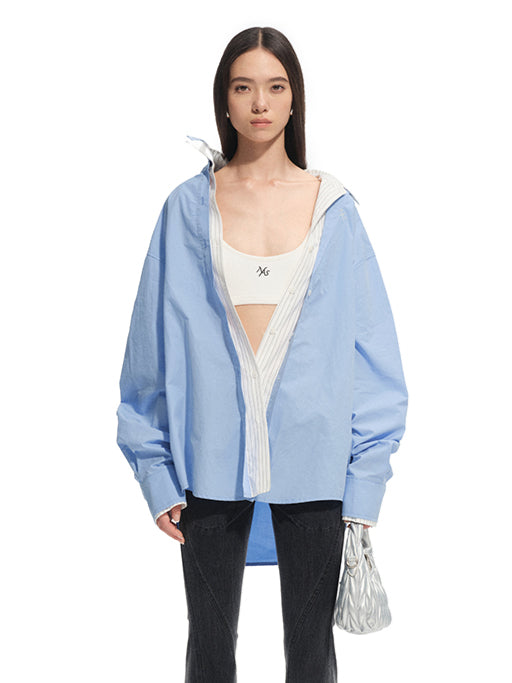 Wrinkle-Resistant Striped Fake Two-Piece Silhouette Collared Shirt - CHINASQUAD