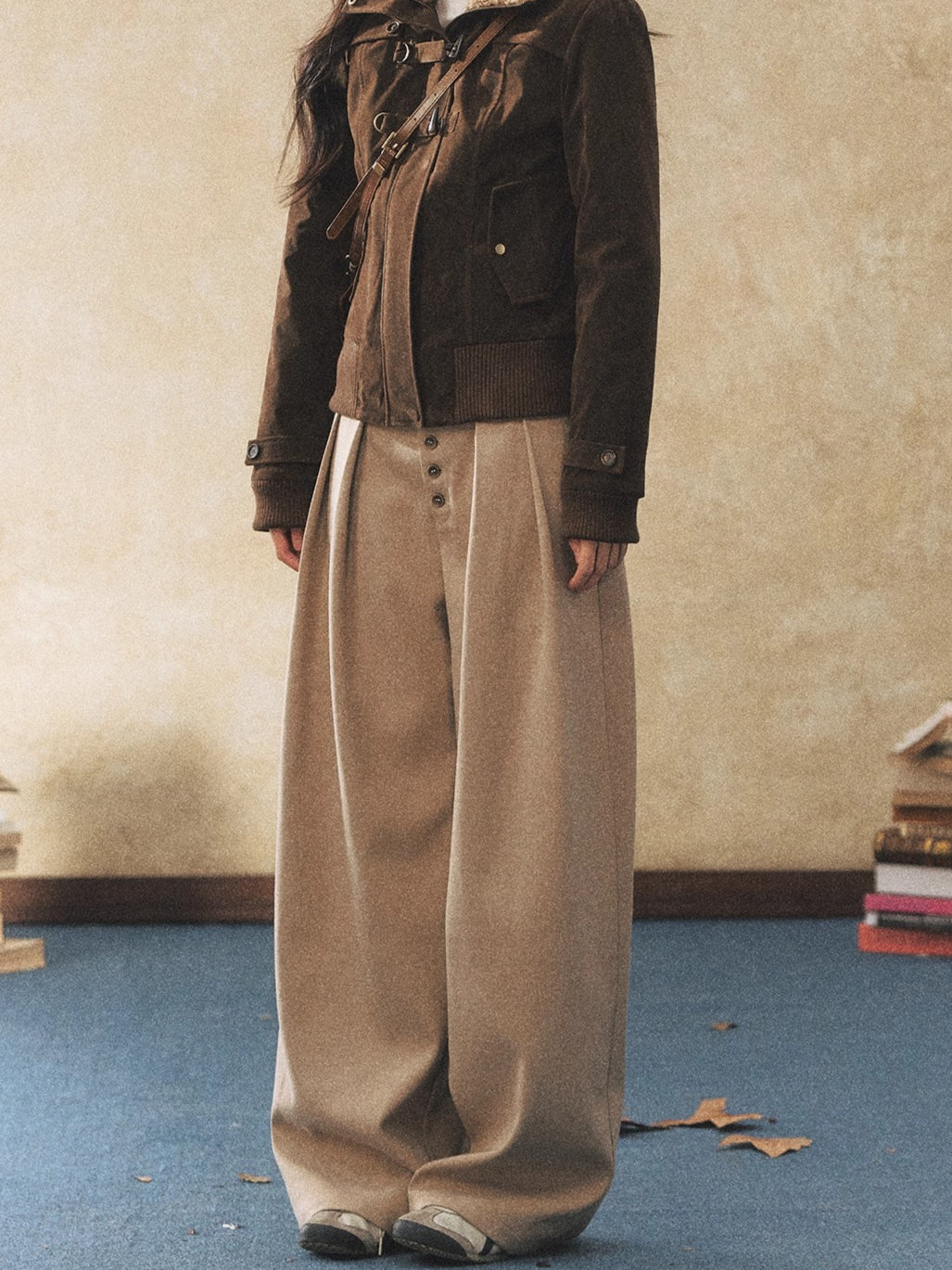 Khaki Relaxed Straight-Leg Wide Trousers