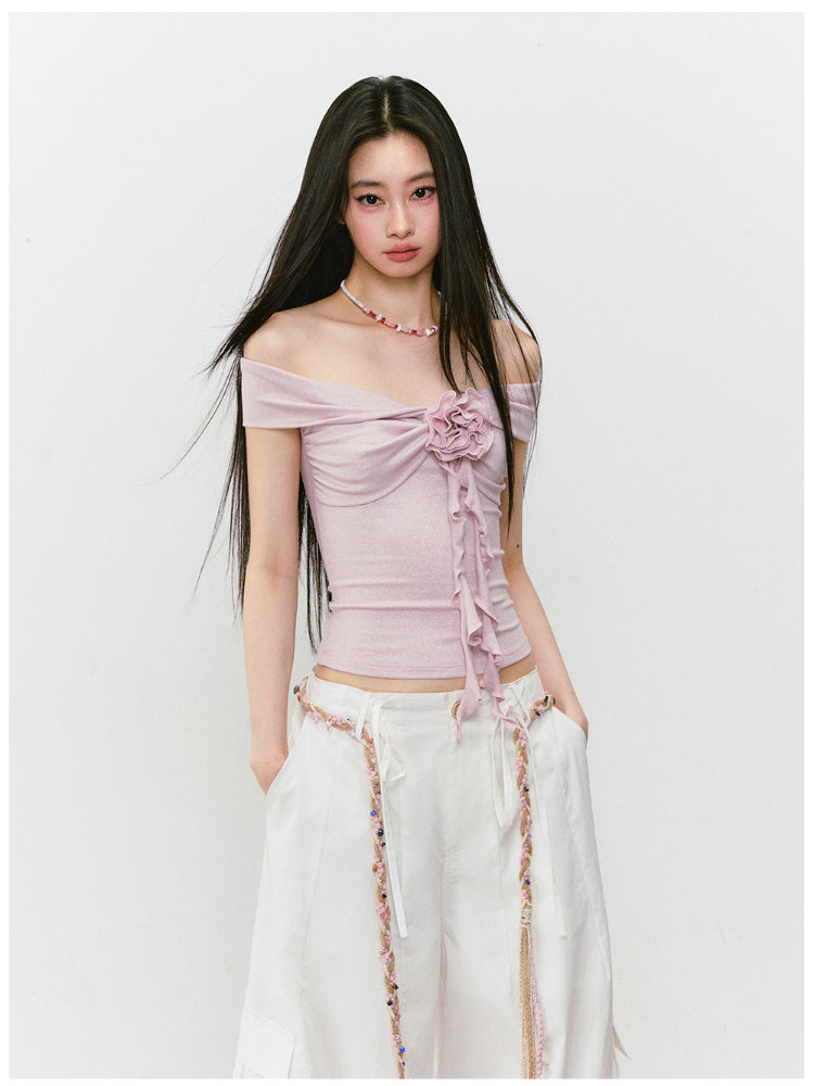 3D Rose One-shoulder Short-sleeve T-shirt