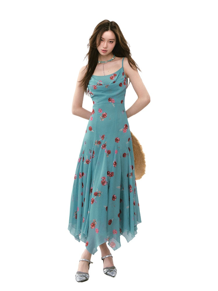 Flowing Flower Waist-cinched Cowl-neck Dress - CHINASQUAD