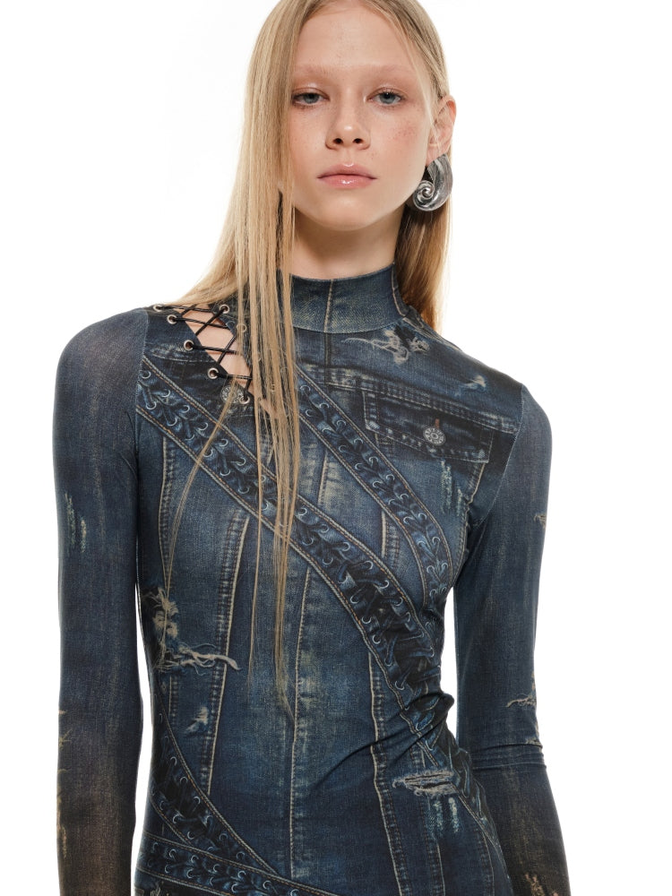 Denim Blue & Black Floral Print Long Dress - CHINASQUAD