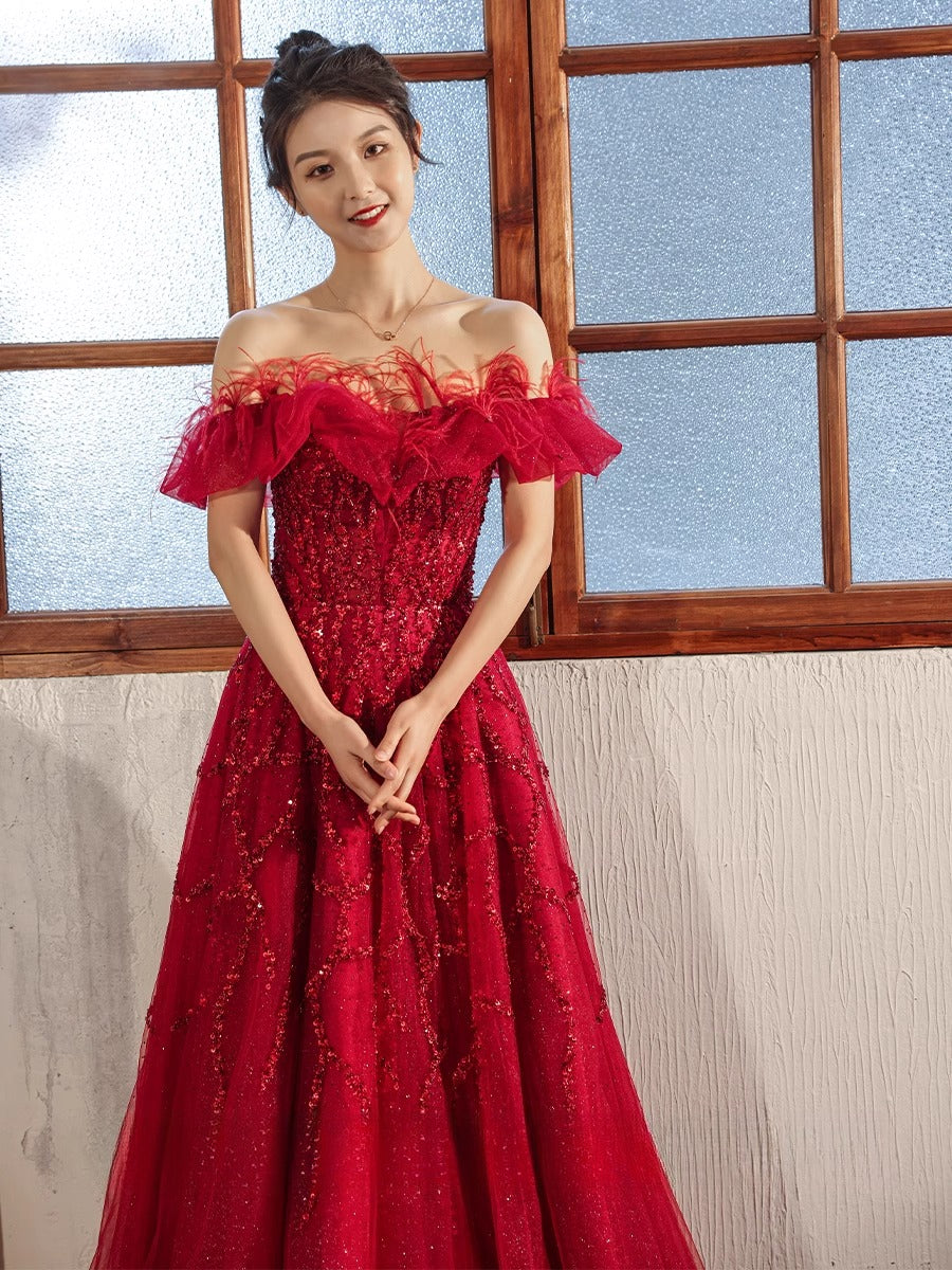 Feathered Scarlet Embellished Off-Shoulder Gown