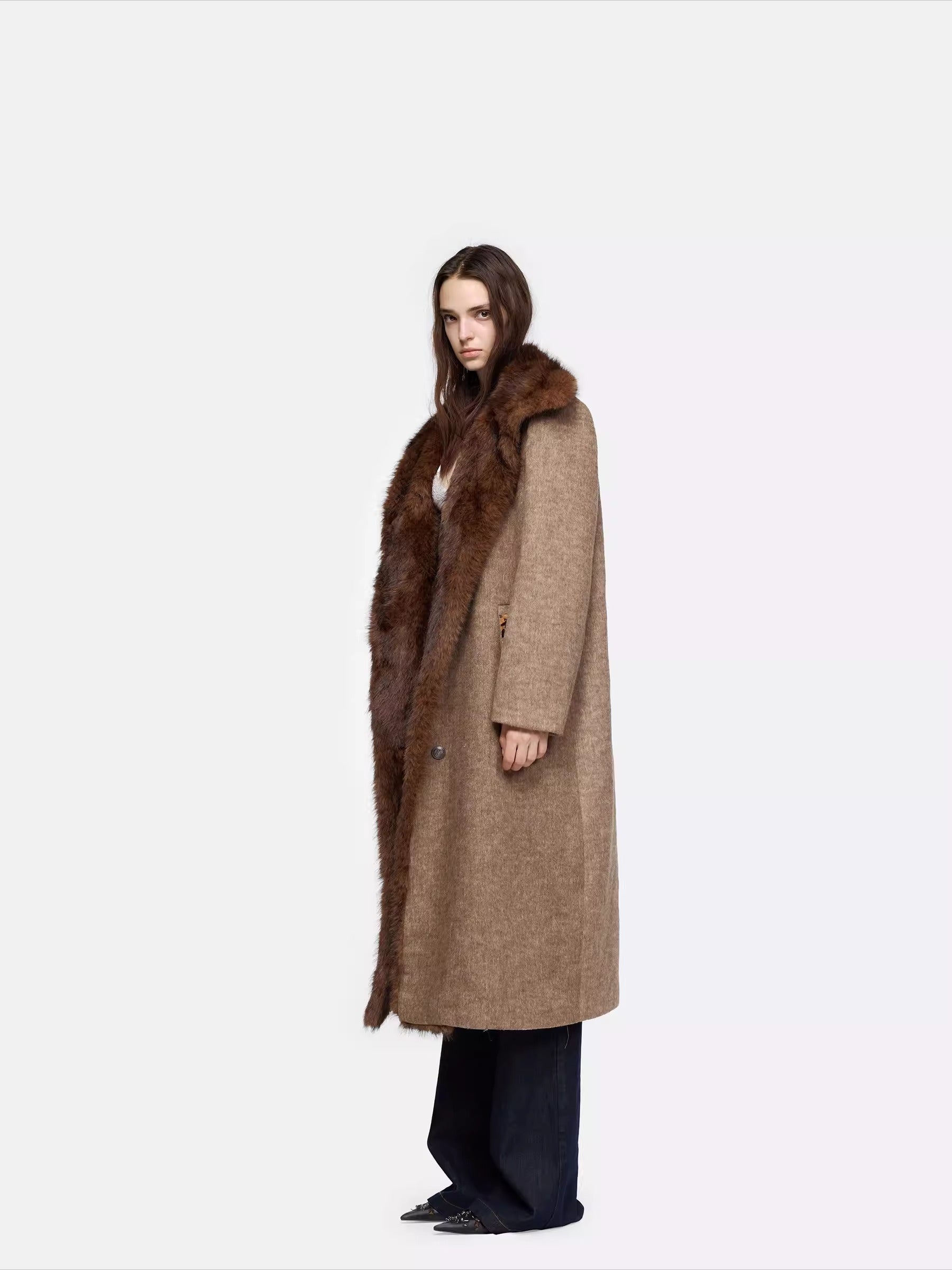 Detachable Fur Collar Wool-Blend Coat
