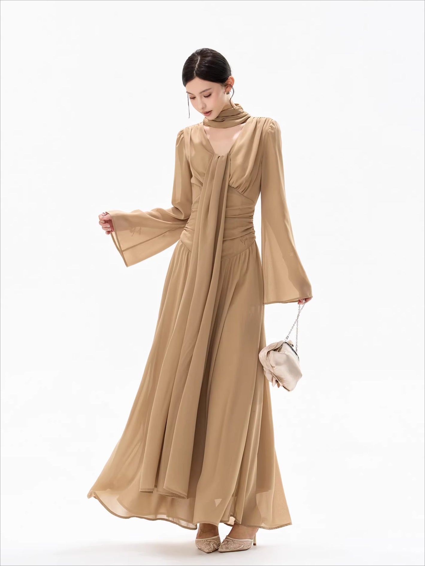 French Ribbon-Tie V-Neck Chiffon Maxi Dress