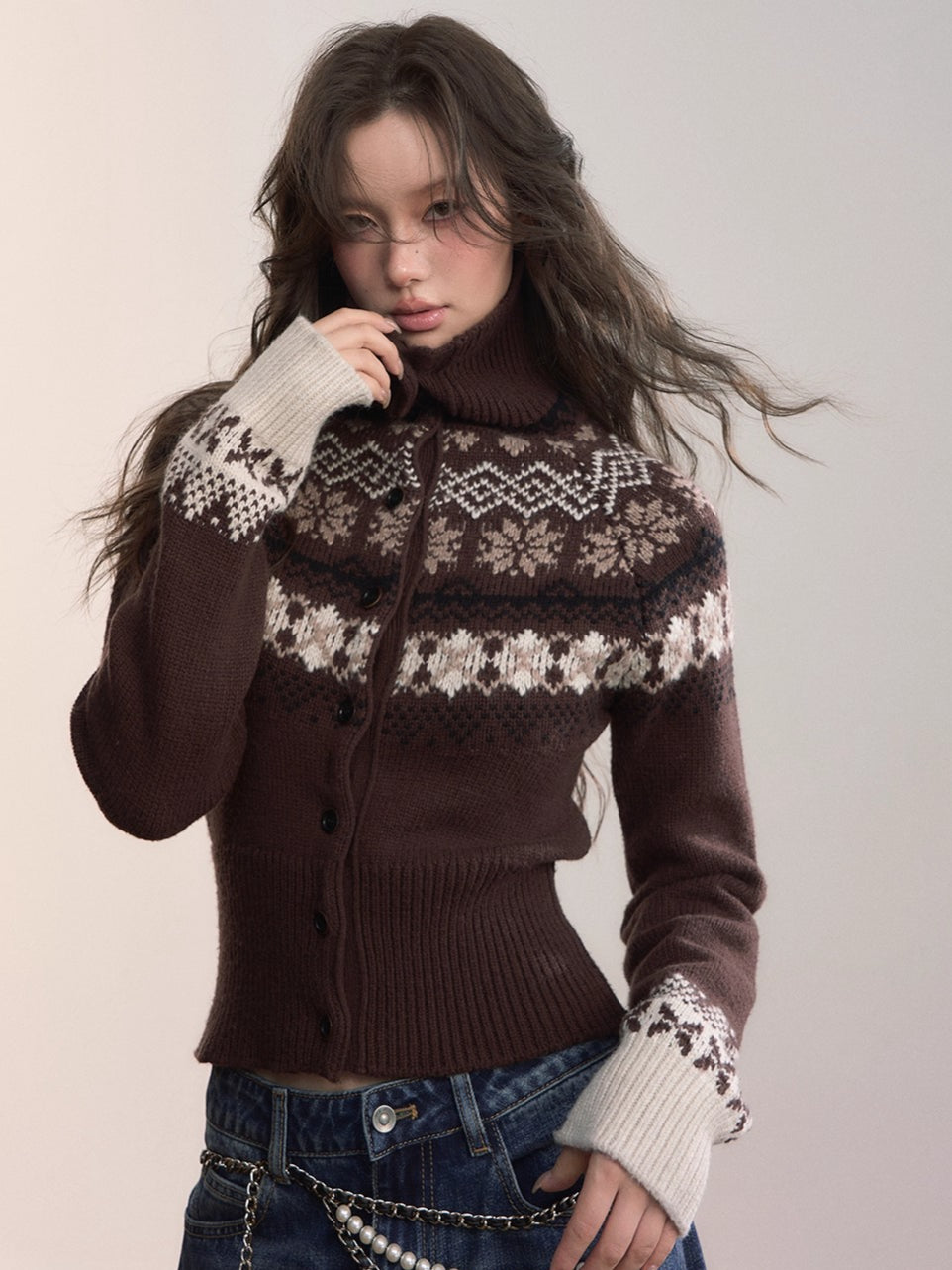 Fair Isle Wool-Blend Turtleneck Knit Cardigan